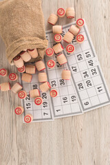 Wooden Lotto Barrels With Bag, Playing Cards For Lotto Game.