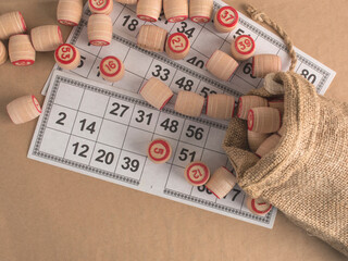Wooden Lotto Barrels With Bag, Playing Cards For Lotto Game.