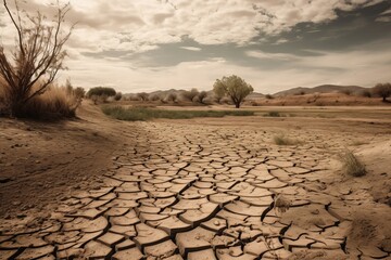 Drought land in hot summer drought. Climate Issue, Global Warming and Water Scarcity concept. Generative AI Technology