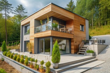 Exterior image of a new luxurious modern house eco friendly. Sustainability in urban construction nowadays. Generative AI Technology
