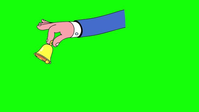 Hand with little golden bell cartoon animation full isolated. Alarm or going to school maybe to work or just for a servant. Seamless loop on greenbox 255 for keying.
