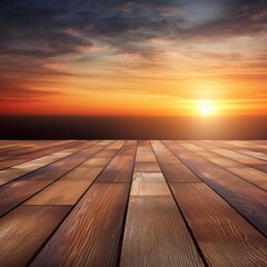 Naklejka na ściany i meble Sunset background and a wooden tabletop that is empty ,Generative AI.