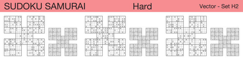 A set of 3 hard scalable sudoku Samurai puzzles suitable for kids, adults and seniors and ready for web use, or to be compiled into a standard or large print activity book.