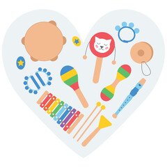 Hand drawn toy musical instruments in heart for kids