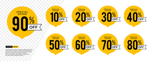 Discount Sticker of Special Offer 90% Off . 10, 20, 30, 40, 50, 60, 70, 80 percent. Black and Yellow Tag, Price Discount Label. Vector Illustration - obrazy, fototapety, plakaty