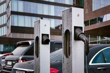 Close-up of a station for charging electric vehicles in the city.