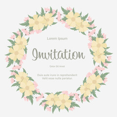 Fresh yellow flowers wreath floral wallpaper template on isonlated white background. Botanical bouquet flower and leaf branch for greeting or wedding anniversary. Vector invitation card concept.