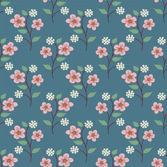 Vector floral seamless pattern. cute pink flowers element on green background for fabric printing and wallpaper