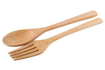 Wooden spoon and wooden fork isolated on a transparent background.