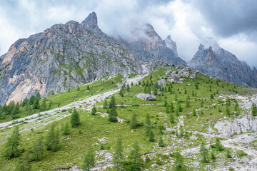 Hiking trails on a mountain in the dolomites