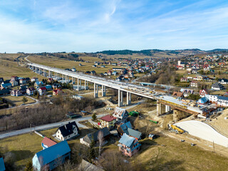 New fragment of highway in construction on Zakopianka road in Poland from Krakow to Zakopane over...