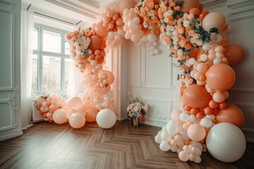 Party balloons adorn room. peach and white decor. wedding decorations. pre wedding. wedding venue. Generative AI