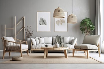 Scandinavian style minimalist living room backdrop. Generative AI