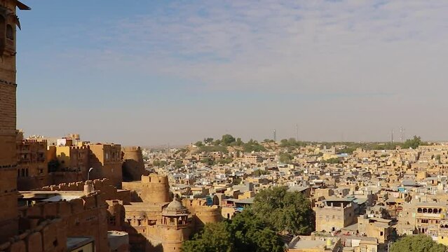 heritage jaisalmer fort vintage architecture with city view from unique angle at day