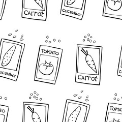 Seamless pattern of outline paper bags with seeds vegetables. Vector background and texture. Theme of gardening, farming, agriculture