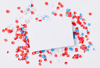 business card mockup on colorful circle confetti, decorations for fourth july