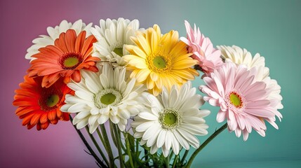 Fresh and delicate daisies on a pastel background, vibrant and colorful. Aesthetic and elegant floral composition. Generative AI