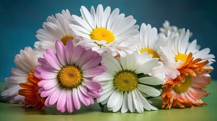 Obraz premium Fresh and delicate daisies on a pastel background, vibrant and colorful. Aesthetic and elegant floral composition. Generative AI