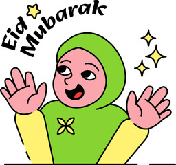 Happy Female Muslim Character Wearing Hijab Celebrating Eid Mubarak