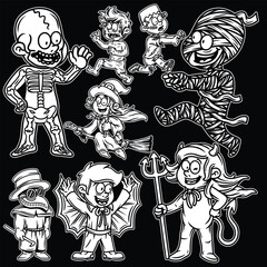 halloween character kids black and white illustration