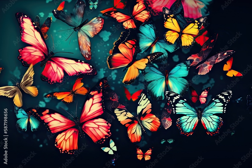 Poster beautiful background with lot of different butterflys. generative ai