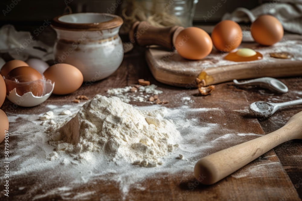 Poster a background of a white table with eggs and flour. fundamental knowledge of baking. generative ai