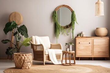 Design armchair, wooden retro commode with mirror, tropical plants, beige macrame, and attractive accessories make up this stylish and bohemian living room arrangement. modern interior design. Eucalyp