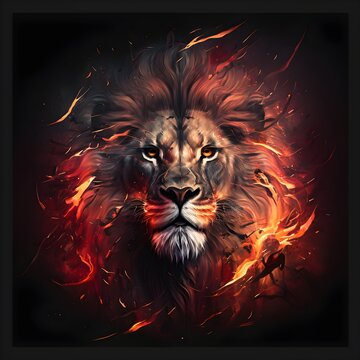 illustration of lion head,  Lion, the head of a lion in a fire flame, create using generative AI 