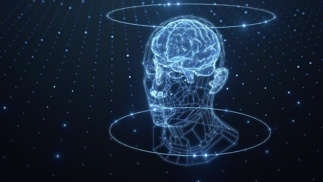 AI deep learning transform evolution of ai technology to human level animation 3d render, camera movement hologram blue dot flickering