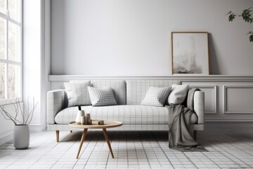 home room mockup with white backdrop. Contemporary grey sofa with checkered pillows. Scandinavian light filled room. Generative AI