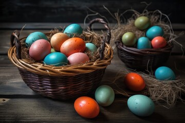 Fototapeta na wymiar basket overflowing with vibrant Easter eggs. Generative AI