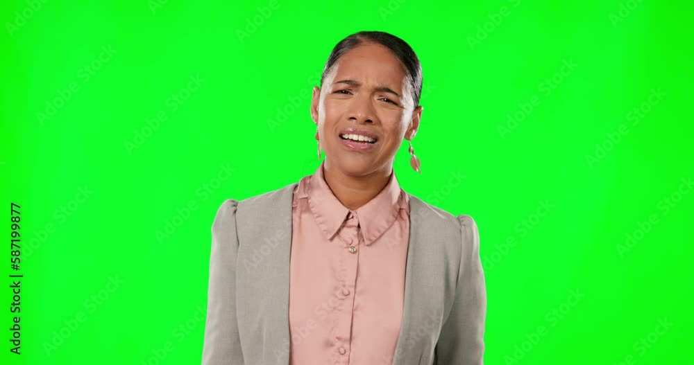 Sticker Green screen, angry and businesswoman on a phone call shrugging shoulders feeling upset and annoyed in a studio background. Employee, confused and frustrated woman talking about a problem or fight