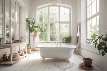 Fototapeta na wymiar white boho bath with wide windows. Generative AI