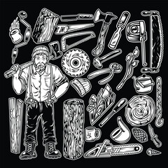lumberjack carpenter pack black and white illustration