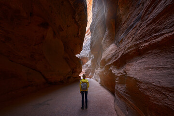 Women traveller in Jordan, Arabia, stone rock historic sight in Petra. Evening light in nature,...