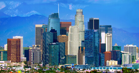 Fototapeta na wymiar Los Angeles Downtown financial and business towers skyscrapers skyline and mountains in the background, California, 4K