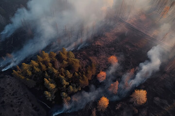 A strip of Dry Grass sets Fire to Trees in dry Forest: Forest fire - Aerial drone top view