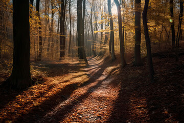 Sun shining through a forest on a path covered with fallen leaves during Autumn