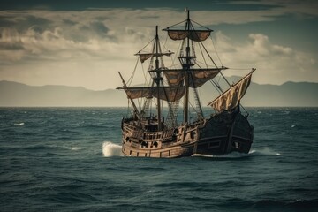 Obraz na płótnie Canvas pirate ship sailing on the high seas. Generative AI