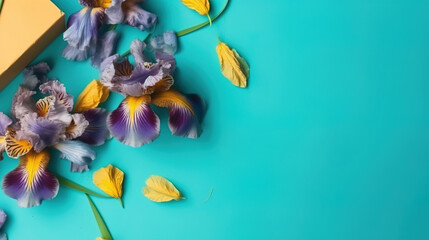 blue and yellow flower, blue background, top view, copy Space