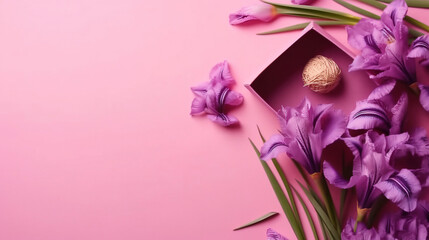 bouquet of tulips,  purple background, top View, copy Space 