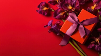 gift box with red ribbon,  red background, top View, copy Space 