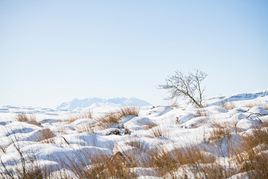 Snowy landscape of Isle of Skye in Scottish highlands