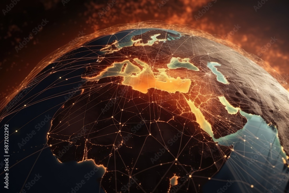 Poster global network of interconnected lights on a spherical surface. generative ai