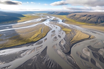 Aerial view of braided river. Scenic view of Markarfljot in Iceland - obrazy, fototapety, plakaty