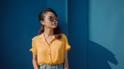 Image Generated AI. Portrait of an asian woman against a blue wall, Generative AI