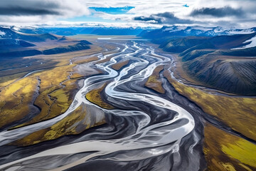 Aerial view of braided river. Scenic view of Markarfljot in Iceland - obrazy, fototapety, plakaty