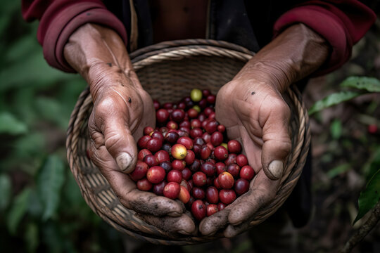 Freshly harvested coffee beans in the farmer's hand. generative AI