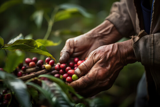 farmer hands picking coffee beans in a basket. Generative AI
