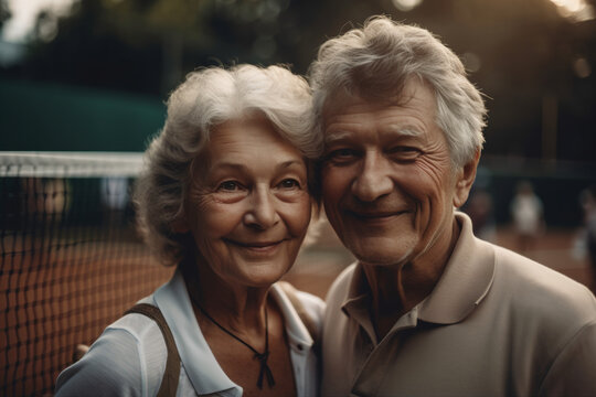 Image Generated AI. Portrait of a senior couple in a tennis court, Generative AI